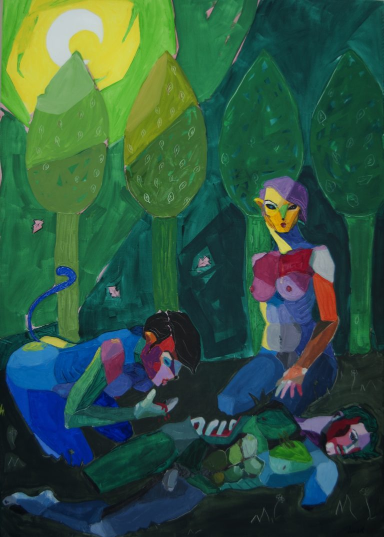Two cats an a moon by Lancelot Alonso