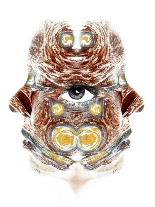 A body paint photograph by Rafael Aguilera Herrera Title: Horus; Mixed technique (bodypaint and photographic negative) on digital photography; 60 cm x 80 cm; 2024